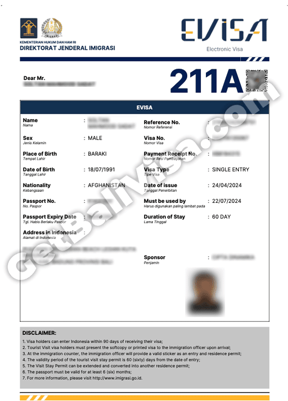 Indonesia Bali b211a calling visa Afganistan