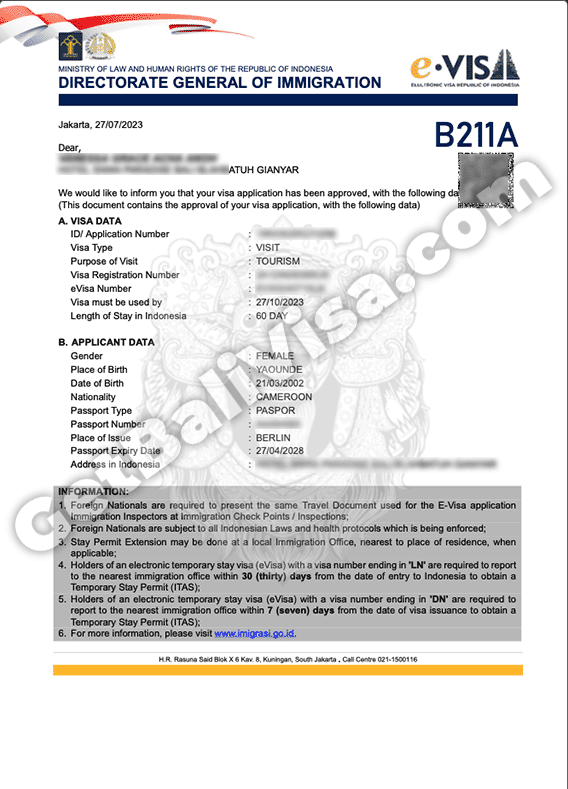 Indonesia Bali b211a calling visa Cameroon