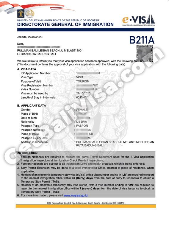 Indonesia Bali b211a calling visa Liberia